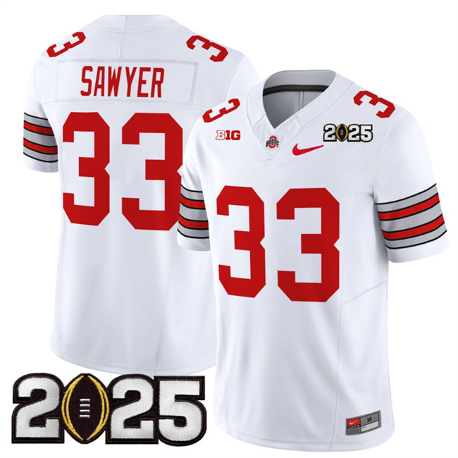 Men Ohio State Buckeyes #33 Jack Sawyer White 2025 CFP Final Patch F.U.S.E. Vapor Limited Stitched NCAA Jersey